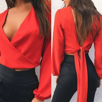 

Long Sleeve V Neck White Black Chiffon Crop Blouse 2019 Autumn Sexy Backless Women Bow Short Shirt Tops Streetwear Fashion Blusa