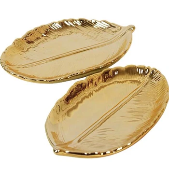 

Hot SV-Decorative Gold Leaf Ceramic Plate Dish Porcelain Candy Trinket Dish Jewelry Fruit Serving Tray Storage Plate Crockery Ta