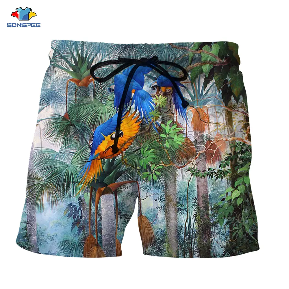 SONSPEE 3D Print Men's Shorts Animal Birds Parrot Summer Breathable Loose Funny Streetwear Hip Hop Harajuku Elastic Beach Pants