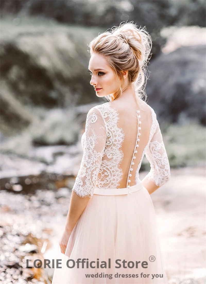 LORIE элегантные кружевные свадебные платья Boho, свадебные платья с коротким рукавом в богемном стиле, свадебное пляжное платье, вечерние платья с пуговицами на спине