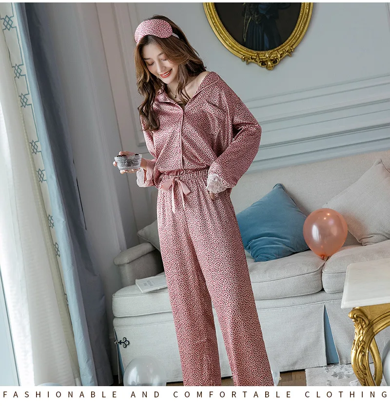 Женская Мягкая Шелковая пижама с длинным рукавом и штанами, розовая пижама с леопардовым принтом, Женская Роскошная сексуальная одежда, благородный домашний костюм