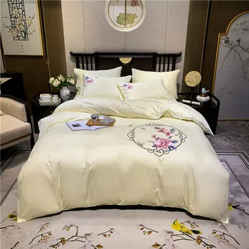 

Luxury 100% Egyptian Cotton Flowers Embroidery Bedding Set Double Duvet Cover Set Bed Linen Fitted Sheet Pillowcase Home Textile