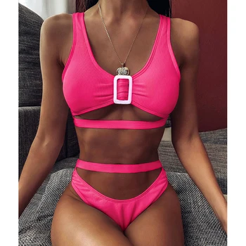 

Ribbed High Waist Bikini Set Two-piece Suit Bandage Swimming Push-up 2020 New Bathers Swimsuit Female Retro Solid Swimwear