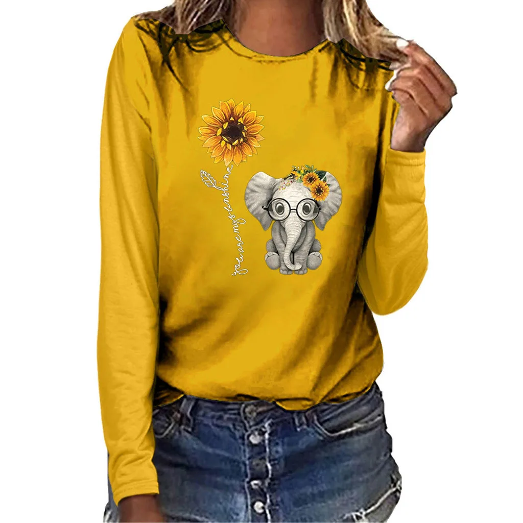 Женская футболка с рисунком подсолнуха и слона, большие размеры, футболка с длинным рукавом и мультяшным принтом, свободная рубашка для девочек, Camiseta Mujer, женская футболка, Топ