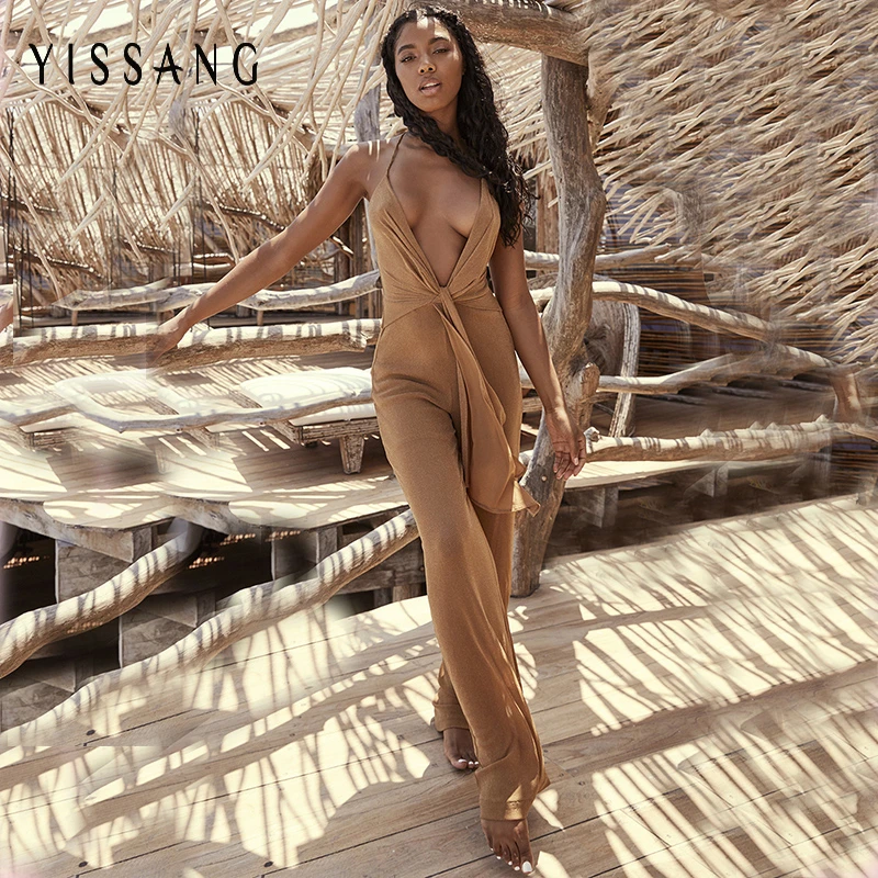

Yissang Sexy Backless Women Jumpsuit V Neck Elegant Long Jumpsuits Wide Leg Spaghetti Strap Summer Rompers Womens Jumpsuit 2019