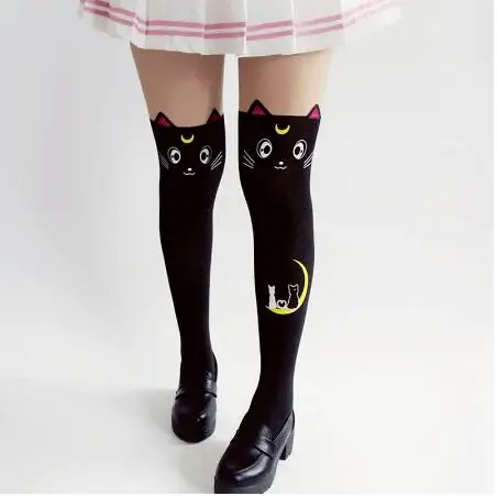 Аниме Sailor Moon Cosplay calcetines disfraz mujer Luna gato pantimedias de seda mallas medias negro blanco lindo ves|Колготки| |