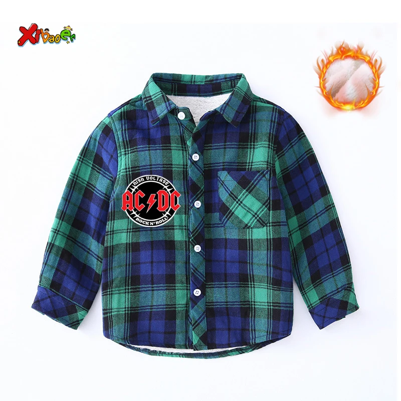 kids shirts green Рубашки для маленьких мальчиков зимняя теплая детская одежда для маленьких мальчиков, Красный Клетчатый Топ ACDC для мальчиков, блузка с длинными рукавами для девочек, куртка детская одежда новая блузка - Цвет: kids shirts green
