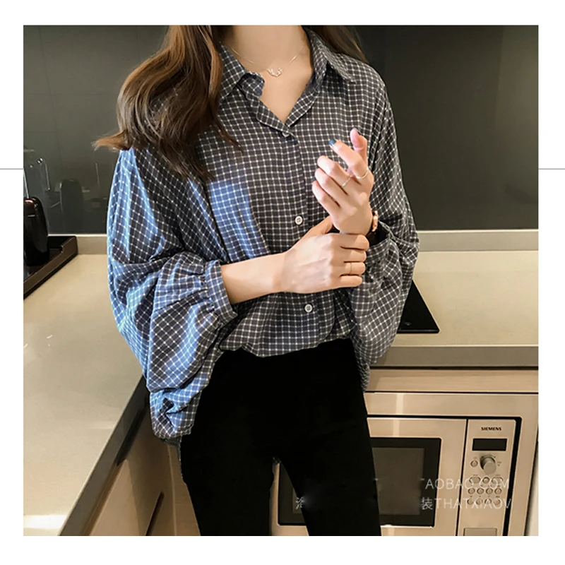 

CS017 Women clothes 2018 Autumn New Korea Casual womens clothing thin zip-up long sleeve Shirt Plaid Loose sexy ladies tops 4XL