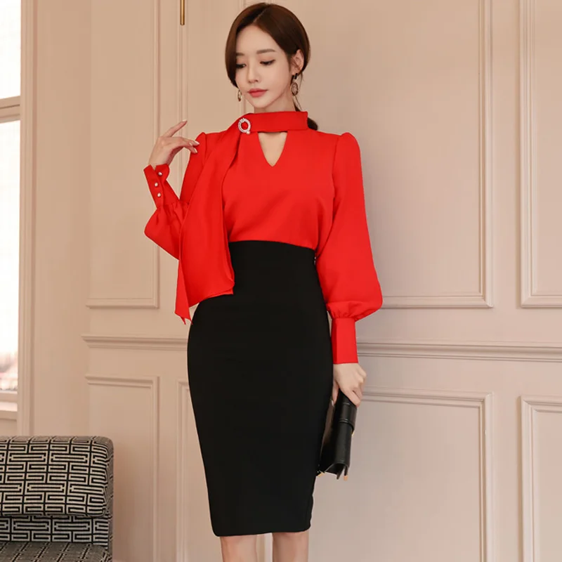 

2019 Spring Women OL 2-piece Set Elegant Lace Up Lantern Sleeve & Sexy High Waist Pencil Bodycon Skirt Female Work Business Set
