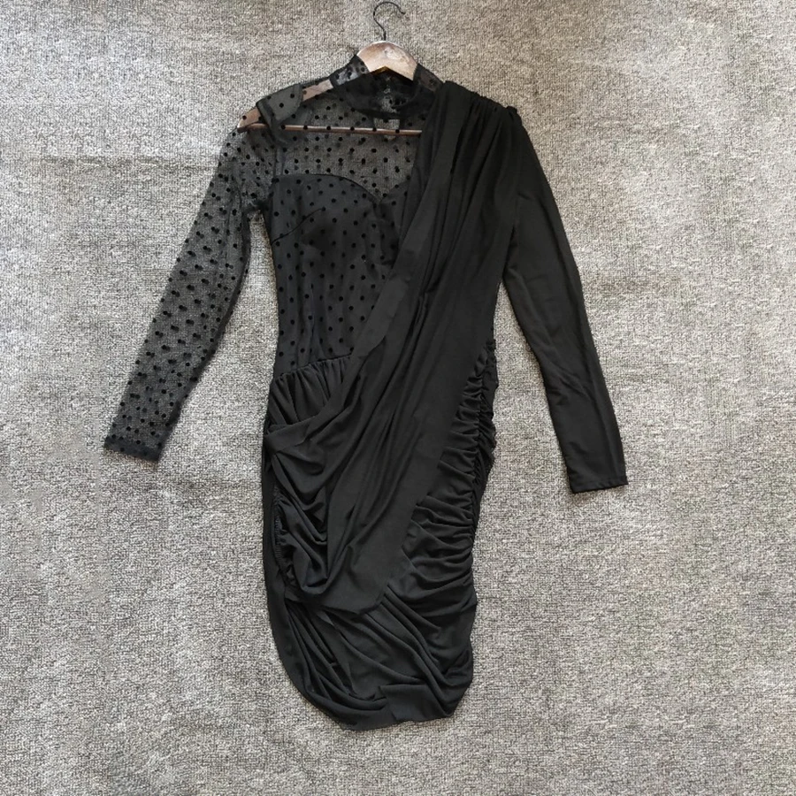 Осеннее женское платье с высоким воротом в черный горошек, асимметричное, перспективное, Сетчатое, лоскутное, крест-накрест, Драпированное, элегантное мини-платье