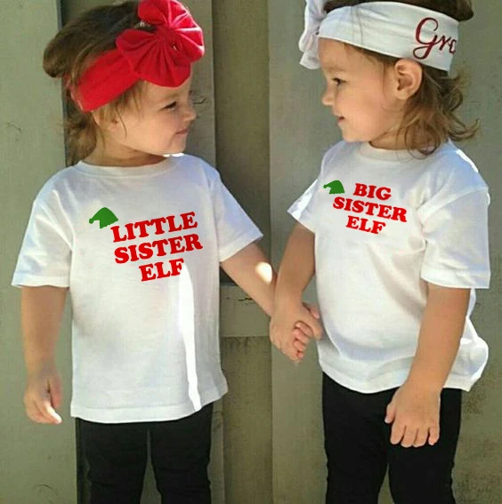 

Big Sister and Littler Sister Elf Kids Matching Tshirt Girls Tops Christmas Short Sleeve Toddler Shirt Casual Children Cloth