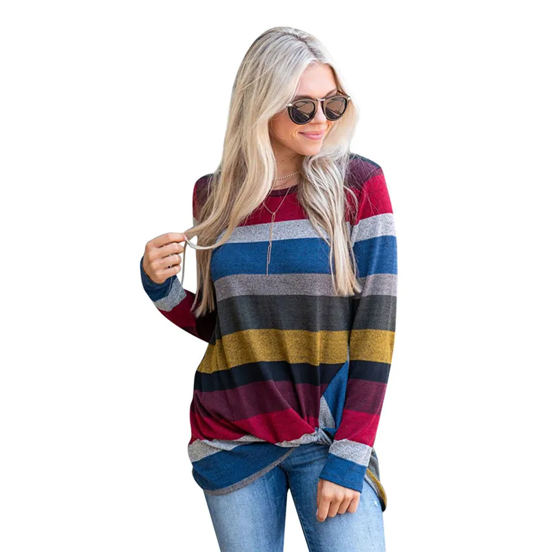 

S-5XL Big Size Women Clothing Rainbow Striped Print Female T-shirt Fashion Women's T-shirts 2019 Autumn Winter Loose Casual Tops