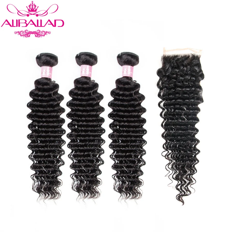 

Aliballad Brazilian Deep Wave 3 Bundles With Closure 4x4 Free Part Closure Remy Hair Weave Human Hair Bundles With Closure