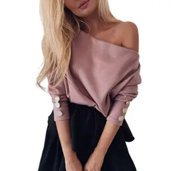 

Women Sweater Autumn Winter Long Sleeve Button Elegant Sexy Slash Neck Solid Knitwear Lady fashion Streetwear Pullovers