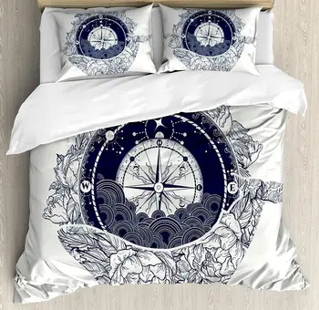 

Adventure Duvet Cover Set Antique Marine Compass and Floral Whale Figure Mystical Victorian Vintage Bedding Set Dark Blue White