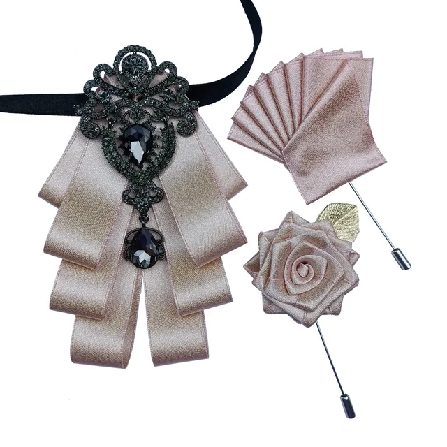 British New Fashion Men's Wedding Performance Groom Wedding-Party Flower Collar Bow Tie Pocket Towel Square Set Men Accessories PINK SET BLACK