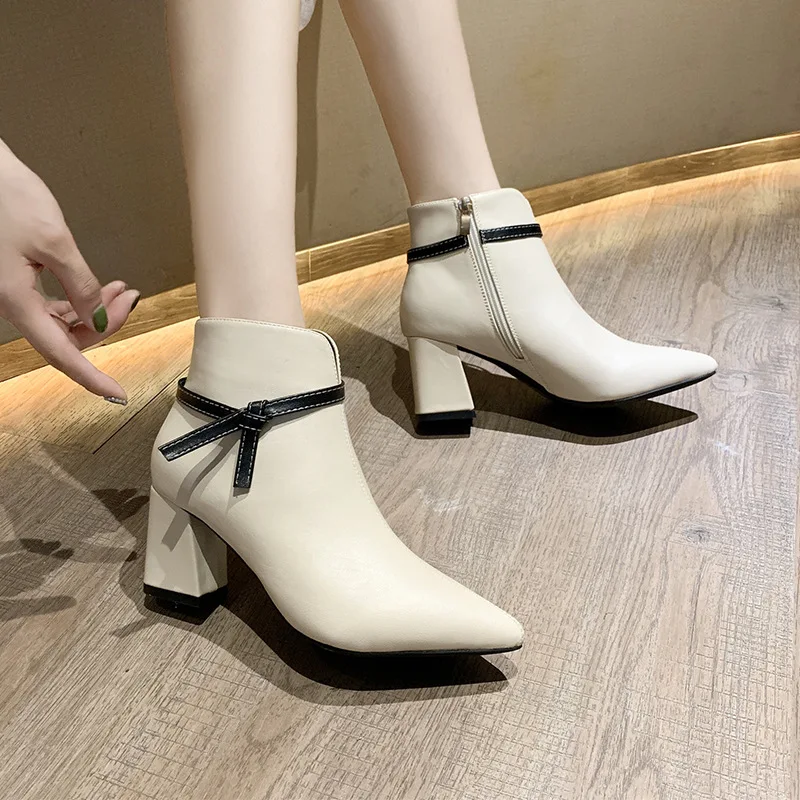 

2019 autumn and winter new pointed thick with bare boots women's booties side zipper plus velvet women's fashion boots