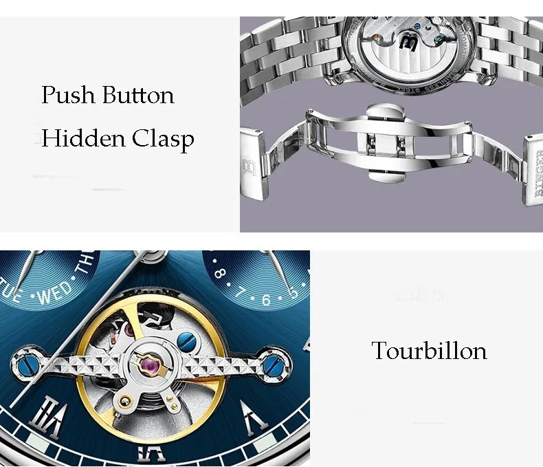 Швейцарские Бингер мужские часы люксовый бренд Tourbillon fulll нержавеющая сталь водонепроницаемые часы Механические наручные часы B-8604