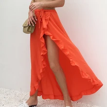 Стильные однотонные длинные юбки макси с оборками, женские летние повседневные юбки, модные сексуальные юбки с разрезом на талии, крутые свободные юбки больших размеров, Новинка