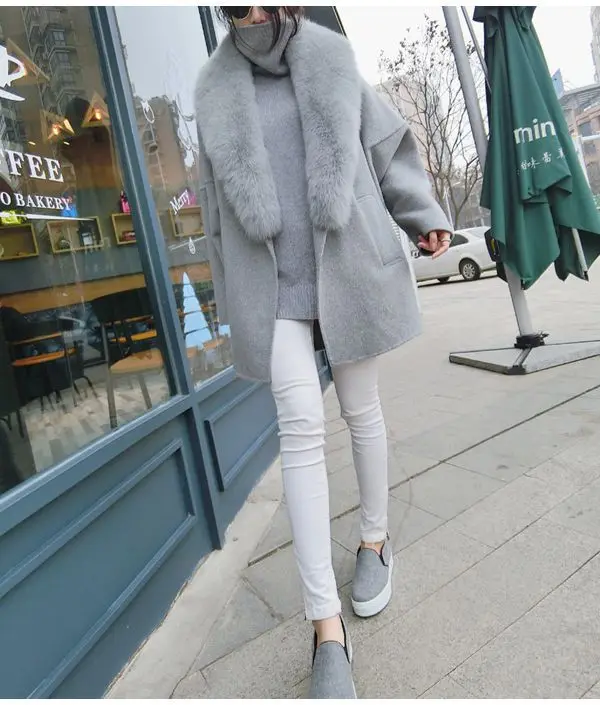 Модное женское пальто из искусственной шерсти с животным мехом, теплое свободное шерстяное пальто большого размера, толстая длинная куртка