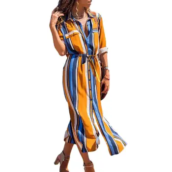 

Fashion Women Striped Split Long Sleeve Lapel Button Waistband Maxi Shirt Dress