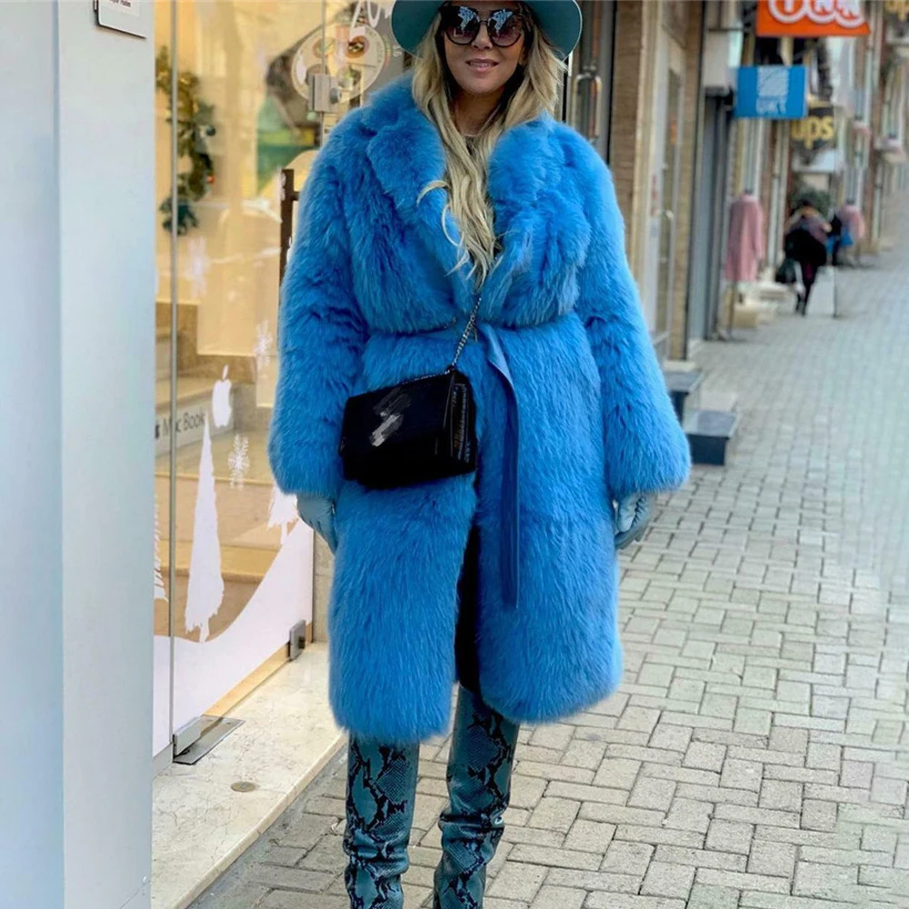 Fashion Blue Color Genuine Fox Fur Coat With Turn-down Collar Winter New Women's Real Fox Fur Coats Natural Fur Overcoats 2022