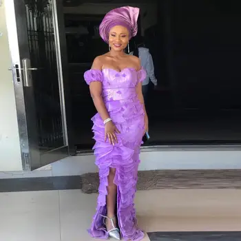 

Aso Ebi Prom Gowns Off Shoulder abiye Tiered Lavender Nigerian Formal Dresses Elegant Vestido de festa Applique Evening Gown