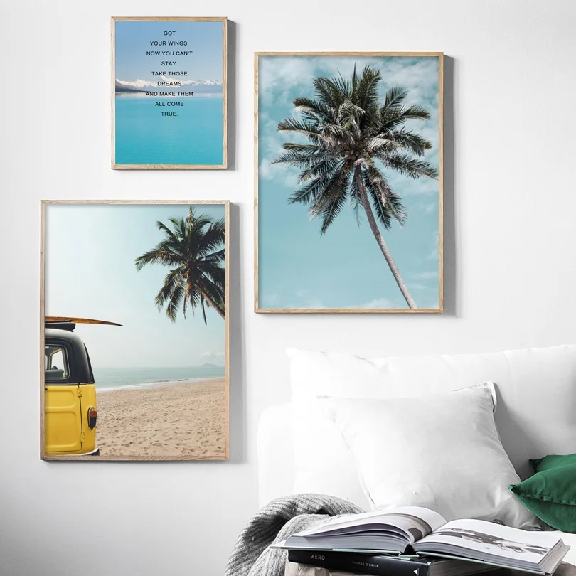 Beautiful-Natural-Scenery-Canvas-Painting-Palm-Tree-Sea-Beach-Yellow-Car-Posters-And-Prints-Wall-Pictures (2)