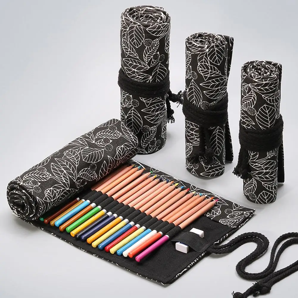 

New Student Multi-Holes Large Capacity Leaves Printed Canvas Rolled Pen Storage Bag