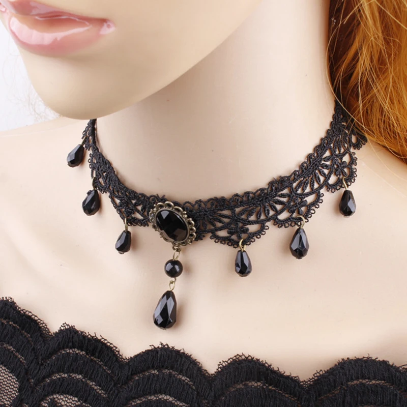 Collares Sexy Gothic Chokers Crystal Black Lace Neck Choker Necklace V