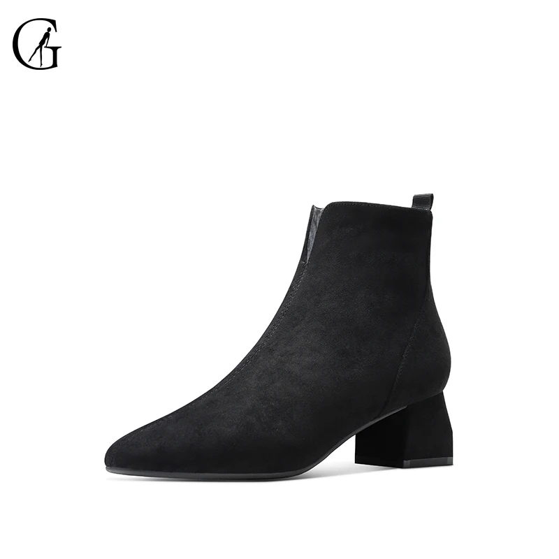 

GOXEOU Women's Ankle Boots Square Toe Chunky Heel Side Zipper Fashion Suede Autumn Winter Slim Martin Booties Size 34-40