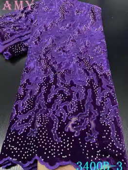 

French Net Lace Fabric 2019 High Quality Latest African Stones Lace Fabric Embroidery Mesh Velvet Tulle Lace Fabric AMY3400B