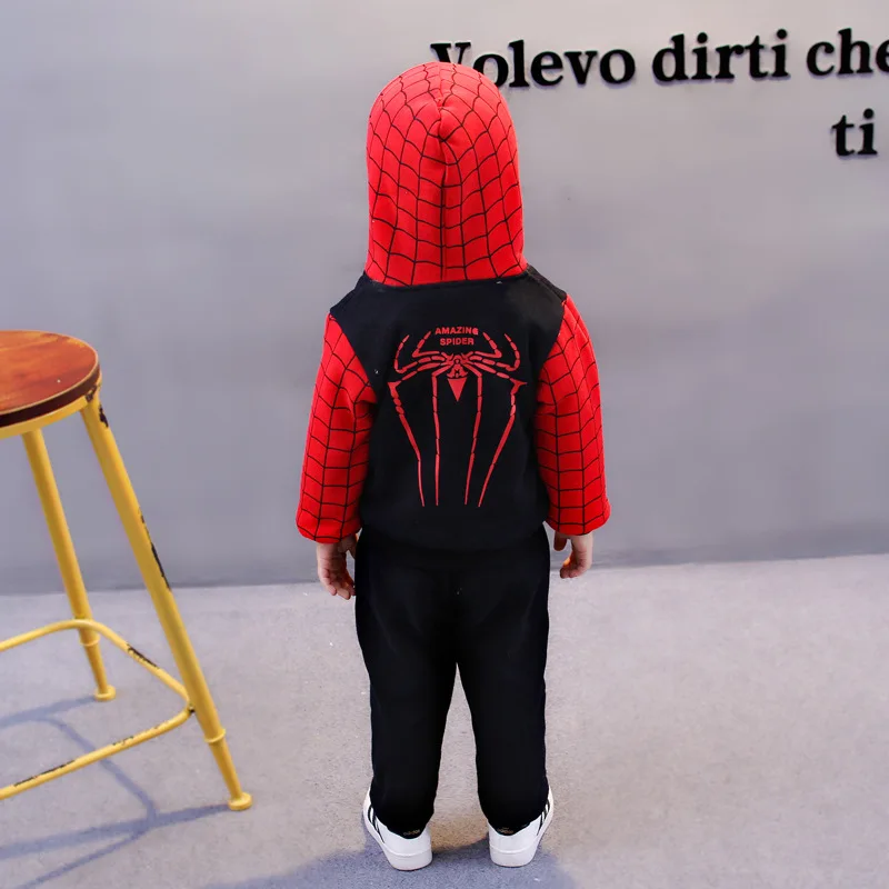 Комплект одежды с человеком-пауком для маленьких мальчиков; зимние комплекты одежды для маленьких мальчиков; куртка+ брюки; Детский костюм; теплая детская одежда