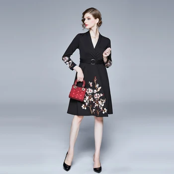 

Office Lady Embroidery Floral V-Neck Elegant Work Dress 2019 Autumn Winter Long Sleeve Black Sashes Slim Vogue Party Dresses