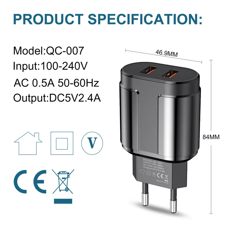 Lovebay EU/US штекер 2.4A Max двойной USB адаптер для быстрой зарядки настенное Универсальное зарядное устройство для мобильного телефона для iPhone для samsung Xiaomi