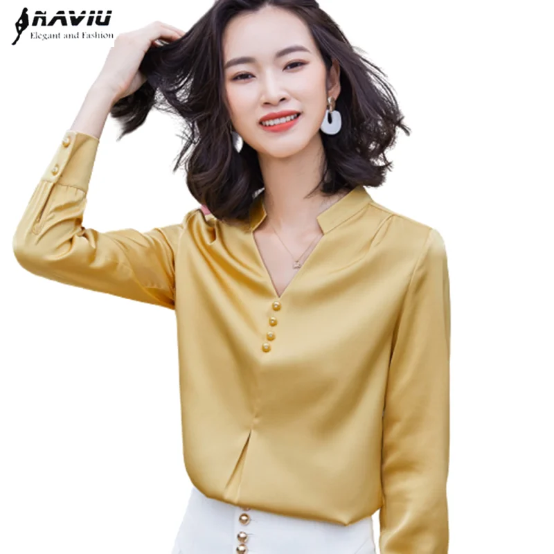 Yellow Shirt Women Long Sleeve Satin 