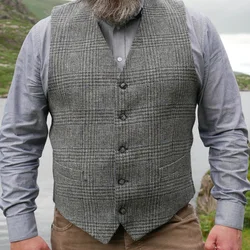 Men's Suit Vest Gray Check Vest Wool Retro Slim Fit Sleeveless Male Waistcoat Wedding Groom Vest Steampunk Vest for men