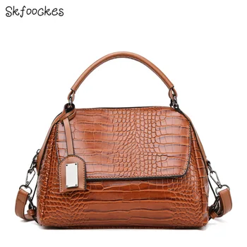 

Skfoockes handbags 2020 new fashion handbag solid color crocodile pattern Boston bag shoulder messenger bag for women