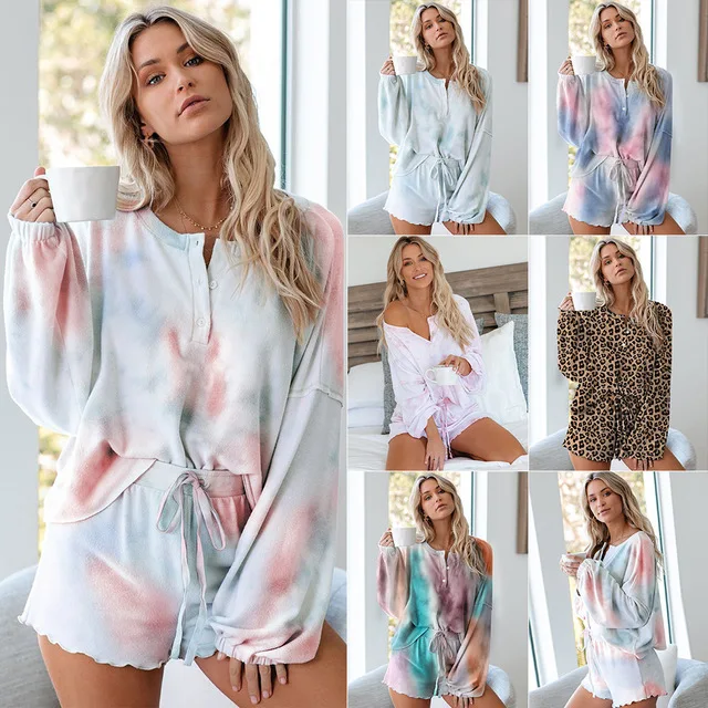 

Pajamas for Women Winter Autumn Sleepwear Tie-Dye Print Pyjamas Set Tank Top Drawstring Shorts Nightwear