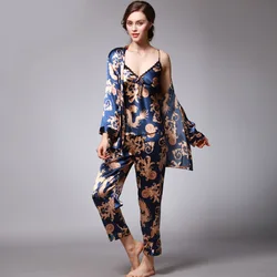 Plus Size 3XL Sleepwear Pyjamas Women's 3 Pieces Pajamas Sets Satin Silk Flower Print Homewear Sleepwear Pijama Nightwear