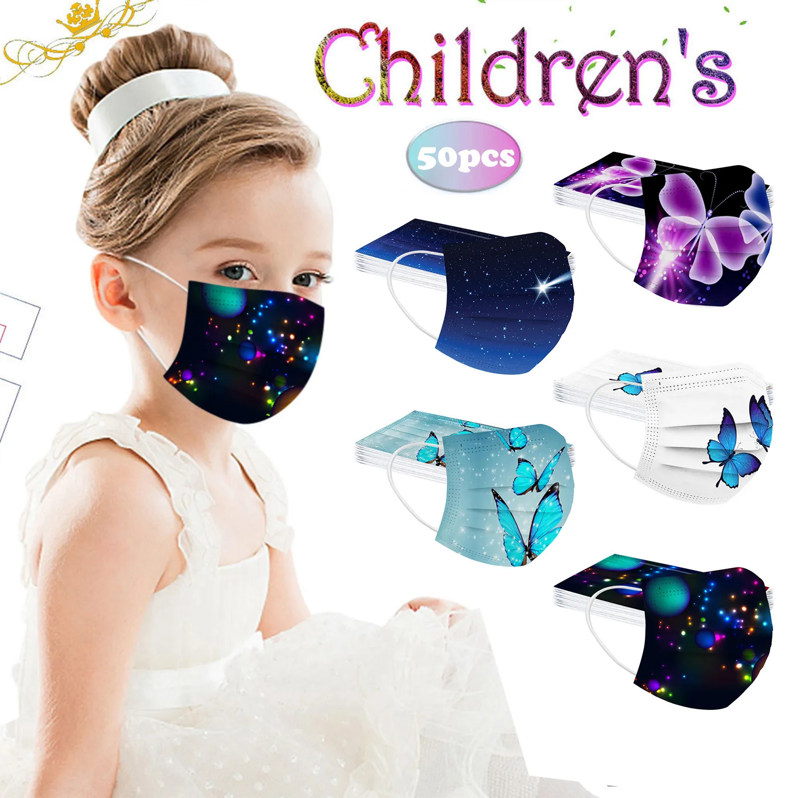 

Fast Delivery Kids and Adult Butterfly Mask Disposable Face Mask Industrial 3Ply Ear Loop 50PCS Mask Bandage Einwegmaske 2021