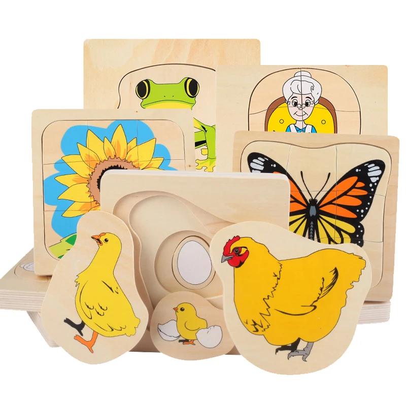 Wooden Kids Animal/ Plant Life Cycle 3D Puzzle Toy Montessori Teaching Aids Multi-Layer Jigsaw Early Learning Toys For Preschool | Игрушки и