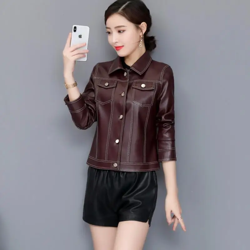 Plus Size Women's Leath Jacket Spring New Female Leather Clothing Short Slim Motorcycle Leather Coat Women Outerwear Black