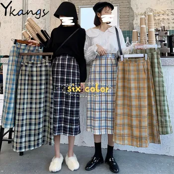 

Spring Plaid Long Skirt Women High Waist Lattice Midi Skirt Mujer 2020 New Vintage Elegant Slim Bodycon Pencil Skirt Jupe Retro