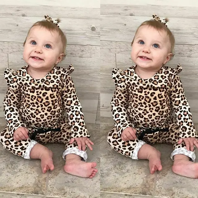 

Spring Autumn 2Pcs Leopard Newborn Baby Girl Clothes Leopard print Cotton T-Shirt Tops+Trousers Outfits Set