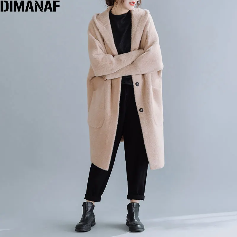 Tao8750-kaqi DIMANAF Winter Women Coat Wool&Blends Thick Plus Size Office Lady Outerwear Loose Hooded Batwing Sleeve Cardigan Female Clothes - Color: Tao8750-kaqi
