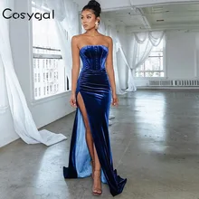 COSYGAL, зимнее облегающее платье без бретелек с Боковым Разрезом, женское длинное элегантное вечернее платье, бархатное Макси-платье, сексуальное платье
