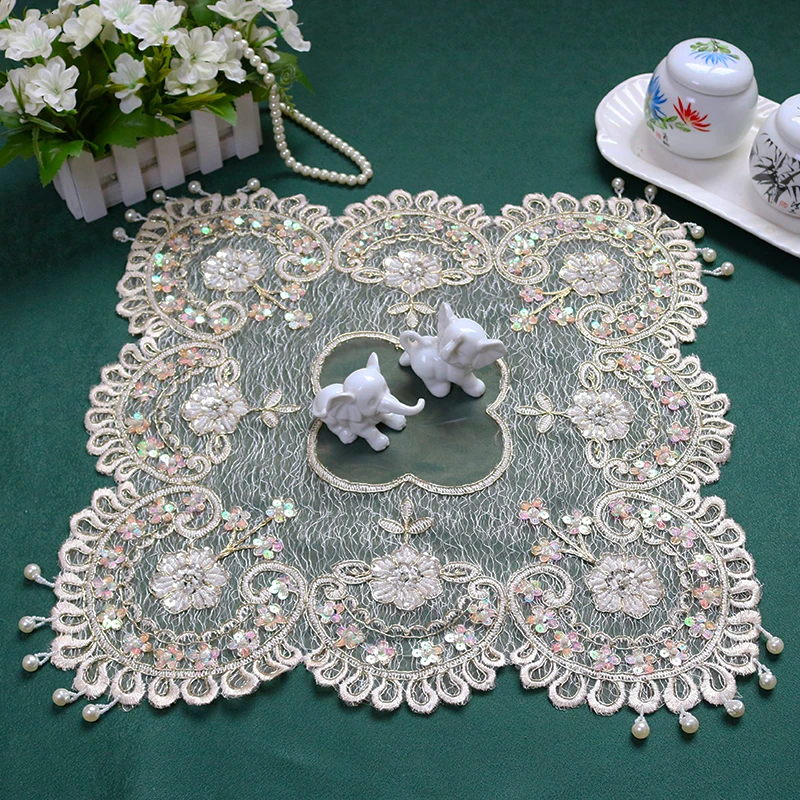 

European Luxury Sequin Mesh Embroidery Beaded Placemat Coaster Tablecloth Table Flag Pad Balcony Coffee Cup Shining Square Mat