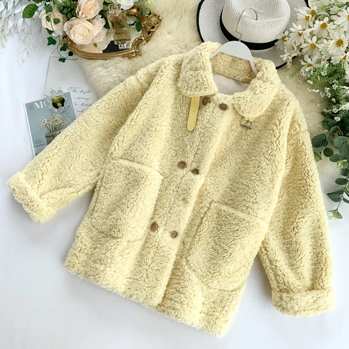 yellow Winter Women Fashion Loose Long Sleeve Velvet Oversize Coat Female Casual Fur Grass Large Pocket Sheep Shearing Coat Outwear - Color: yellow