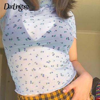 

Darlingaga Harajuku Cherry Print Mesh Top Transparent Short Sleeve Tshirt Women Crop Tops 2020 Summer Casual T-shirt Clothes New